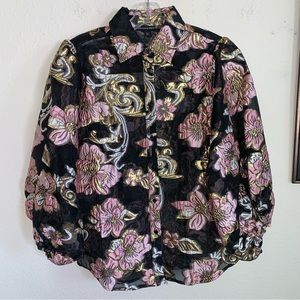 NWOT Boston Proper Sheer Floral Puff Sleeve Button Down Blouse